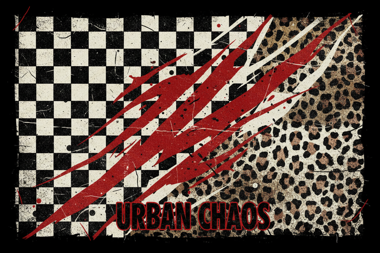 I need something that’ll fit in that rectangular space that fits our grunge graphics, vibe being aesthetically pleasing maybe some checkered print with leopard something red that flows well with the rest of our aesthetic