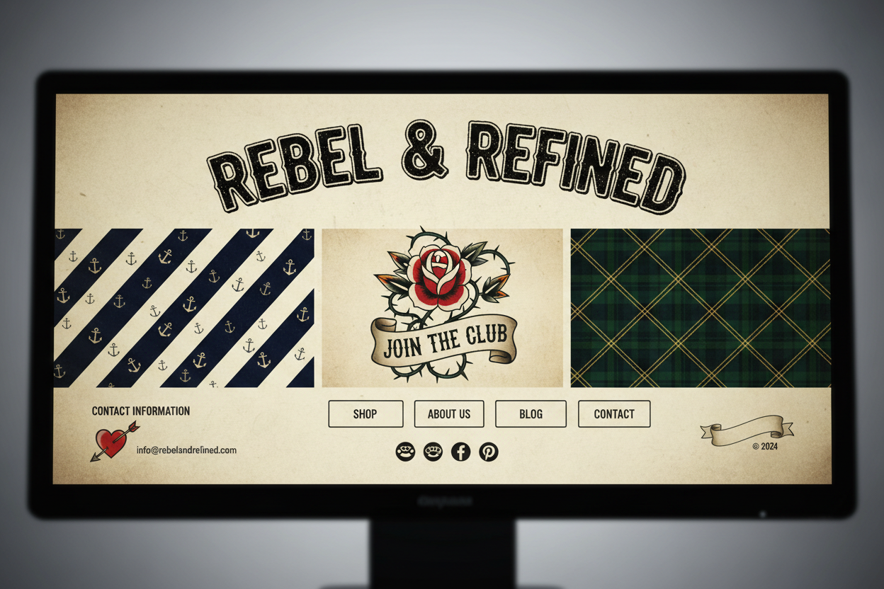 I need to design a footer that plays into our edgy, graphic designs with elements of American American traditional tattoo, punk rock, and preppy that is appealing to suburban moms and older millennials. I want the image to be realistic and a good ending note for a foot.