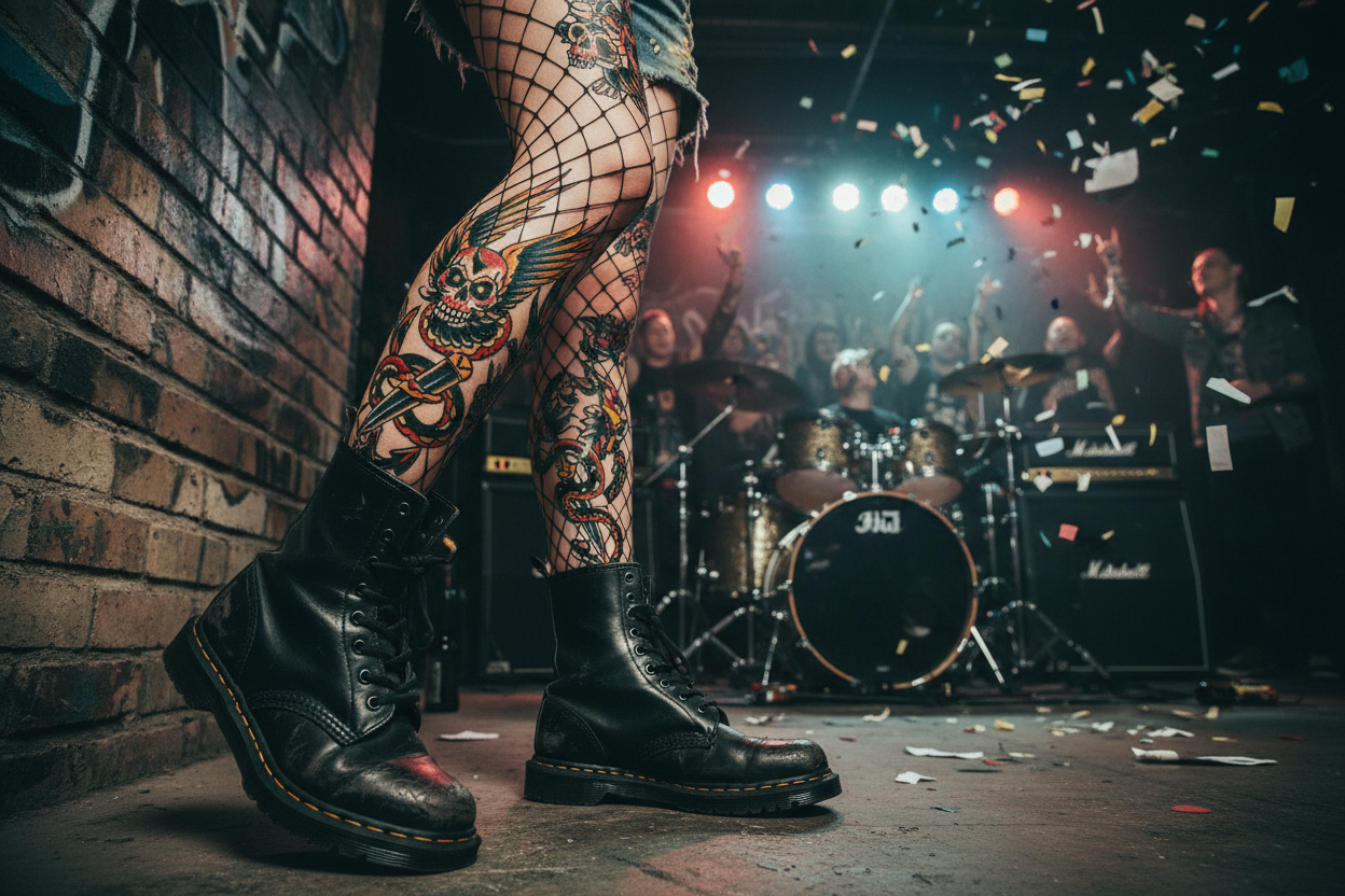 I wanna pop punk rock, grunge, tattoo, American traditional style maybe some boots looks like tattoos on the legs, but it has to fit in that